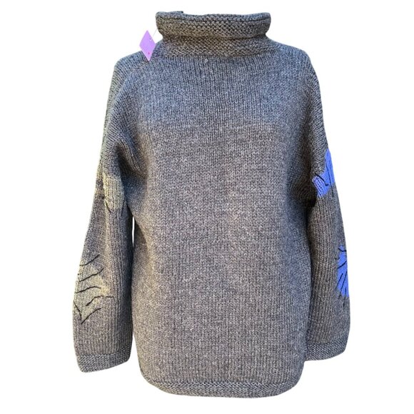 Hand Knit Vtg Turtleneck Wool Sweater Abstract Pattern Gray Red Purple Size 10 - Picture 4 of 5